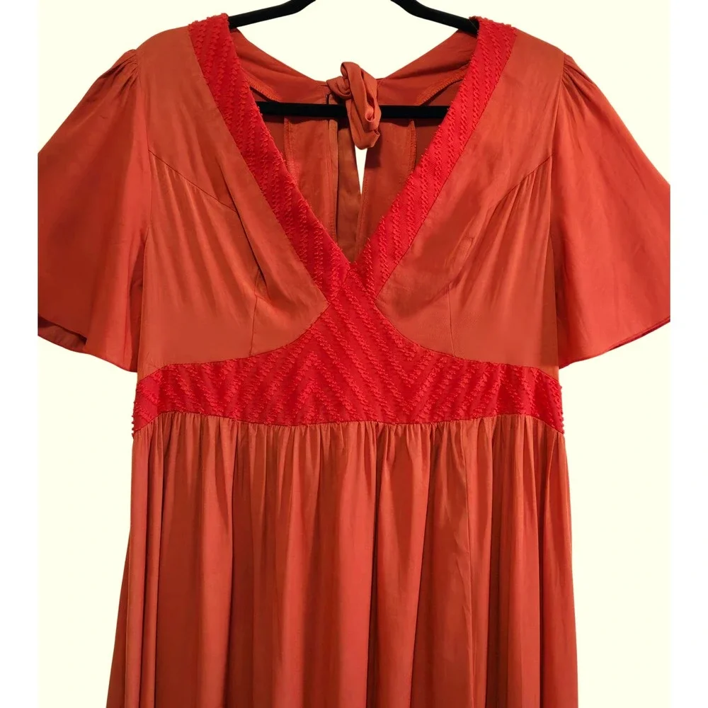 S Betro, Women's Rust Orange Embroidered V-Neck Flutter Sleeve Maxi Dress 1XL